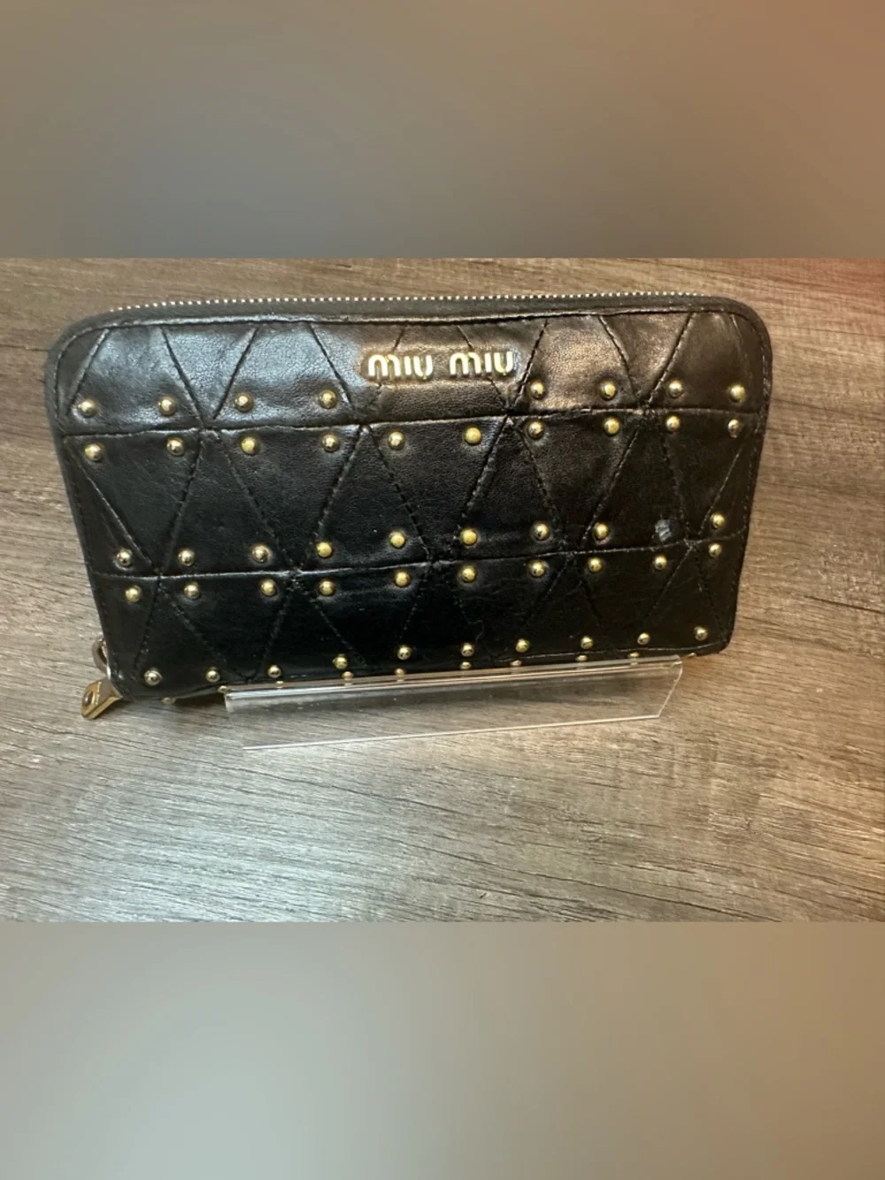 Miu Miu Black Quilted Leather Zip Around Wallet with Gold Studs